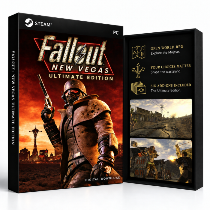 Fallout: New Vegas Ultimate Edition Steam – digital spillutgave vist med forside og bakside