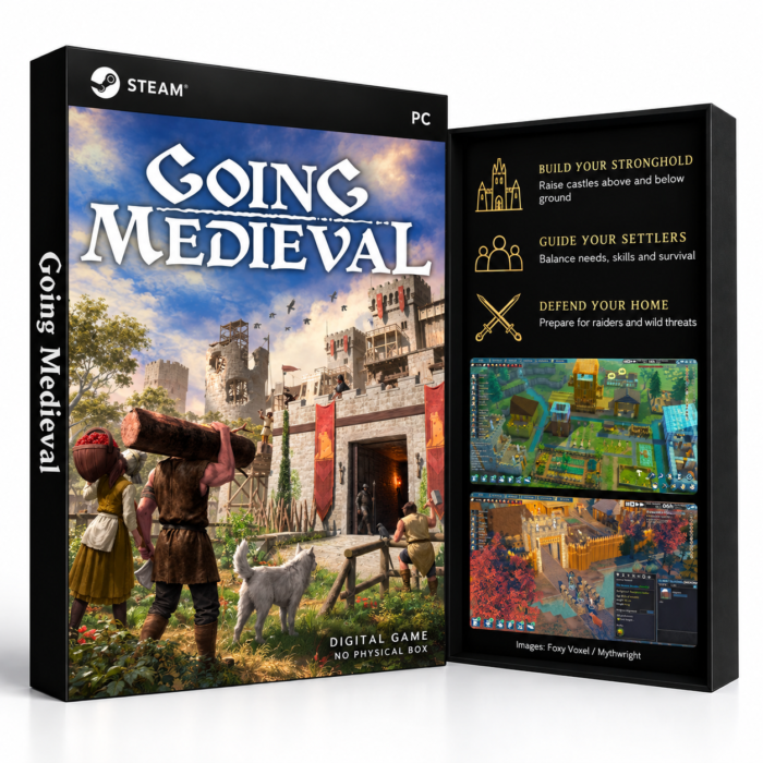 Going Medieval Steam – digital spillutgave vist med forside og bakside