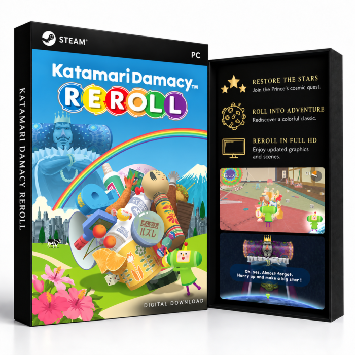 Katamari Damacy REROLL Steam – digital spillutgave vist med forside og bakside