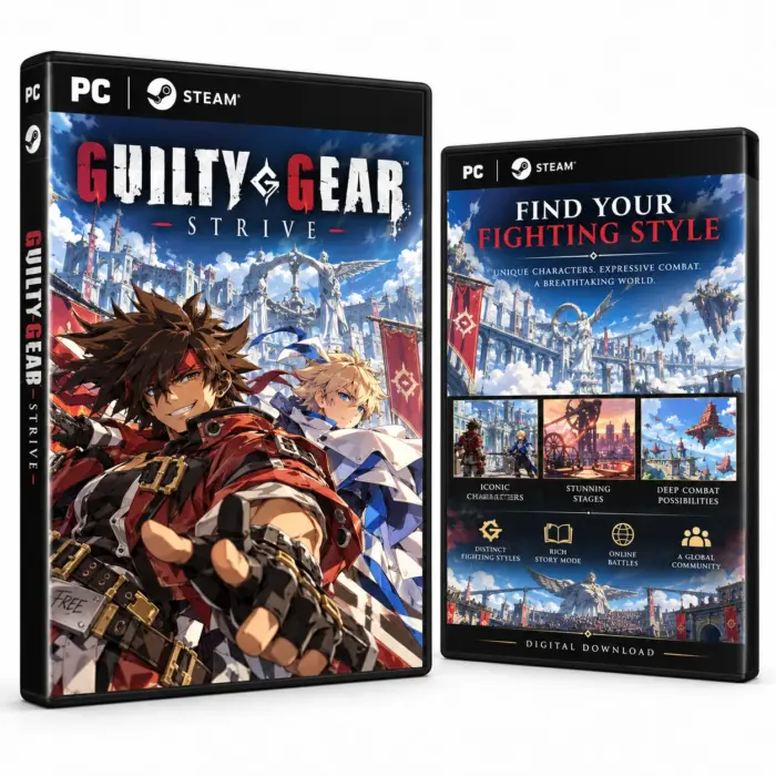 Produktillustrasjon for GUILTY GEAR -STRIVE- på Steam med kampfigurer og en fantasiby