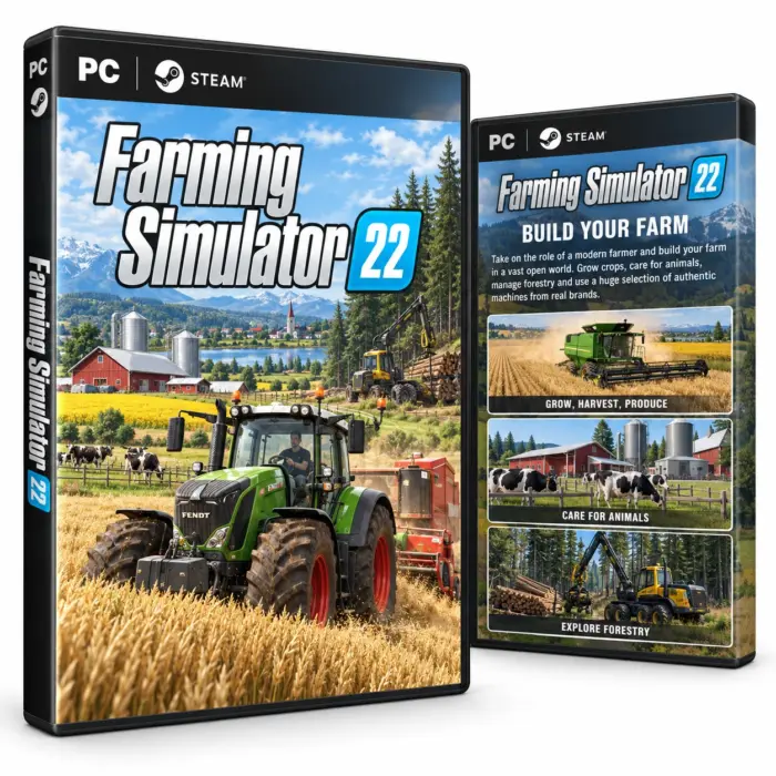 Produktillustrasjon for Farming Simulator 22 på Steam med en traktor, kornåker og husdyr