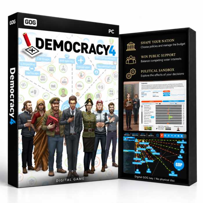 Democracy 4 – PC (GOG) – digital spillutgave vist med forside og bakside