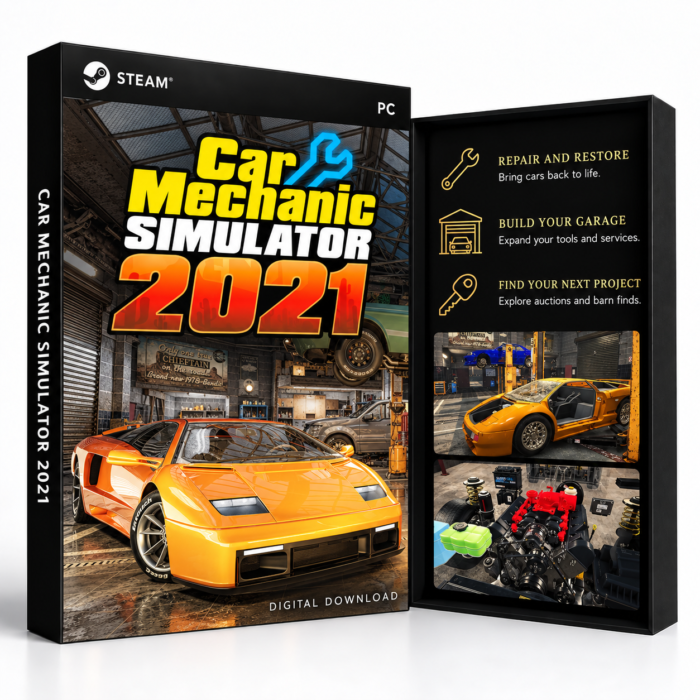 Car Mechanic Simulator 2021 Steam – digital spillutgave vist med forside og bakside