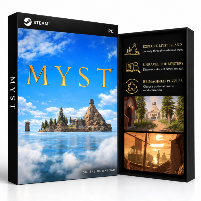 Myst Steam – digital spillutgave vist med forside og bakside