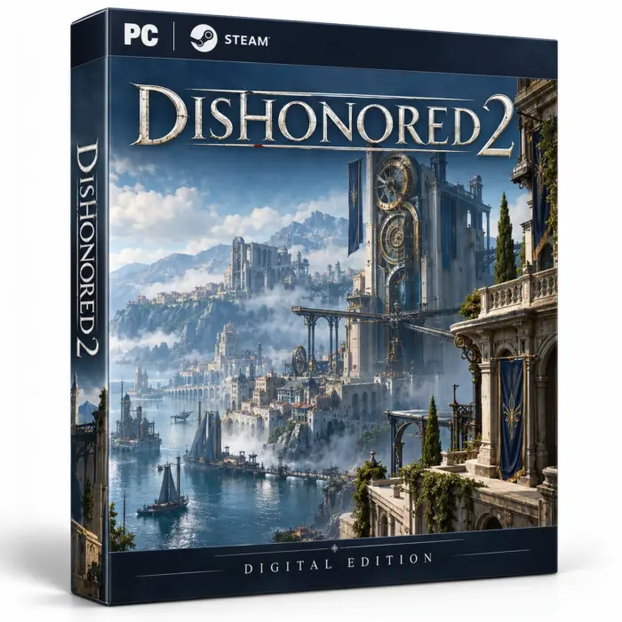 Produktillustrasjon for Dishonored 2 på Steam med en kystby, seilbåter og et stort klokketårn